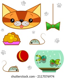 Sticker. Cat with attributes. Pet and his toys.