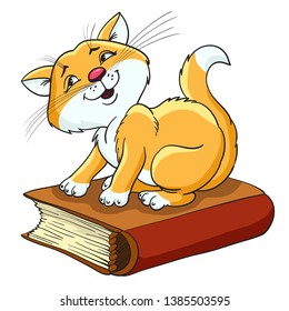sticker cat with a book, red cat sitting on the book, cartoon character, flat style.