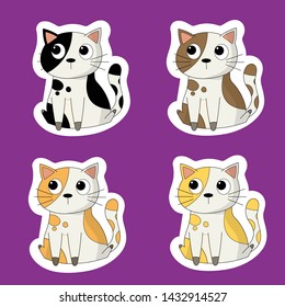 Sticker Cat ,Cute colourful cartoon cat isolated on purple background. vector, set 