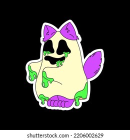 Sticker of a cat in a ghost costume. Psychedelic, surrealism, Halloween.