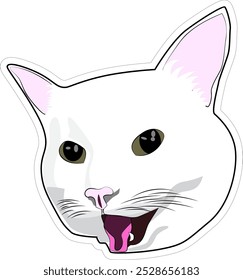 Adesivo com um gato. Vetor. Meme gato branco alegre. Estilo minimalista, quadrinhos, desenho animado. 