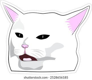 Adesivo com um gato. Vetor. Mulher meme gritando com gato. Estilo minimalista, cômico, desenho animado. 