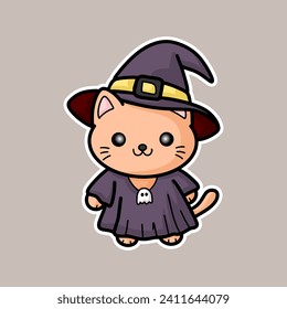 sticker of a cat wearing a witch costume, cartoon style, Chibi Style.