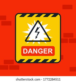 la electricidad de precaución de pegatinas en la pared roja. ilustración vectorial plana.