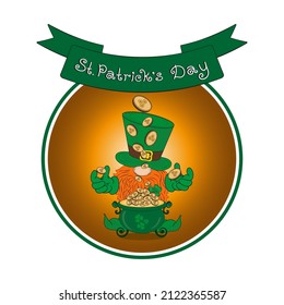 Sticker for the celebration of St. Patrick's Day, green clover, a pot of coins and a leprechaun in the icon of the Irish holiday with the signature