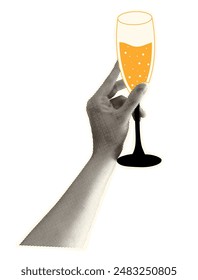 Sticker with champagne in hand. Glass in hand in halftone style. Vector design of a hand with champagne in halftone style