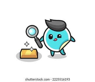sticker character is checking the authenticity of the gold bullion , cute style design for t shirt, sticker, logo element