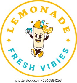 Sticker of character lemonade in cartoon style. Isolated vector label of groovy drink mascots in retro style on transparent background for logo, emblem and your design