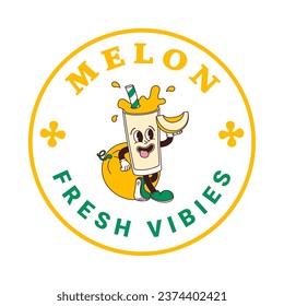 Sticker of character melon juice or smoothie in cartoon style. Isolated vector label of groovy fruit drink mascots in retro style on transparent background for logo, emblem and your design