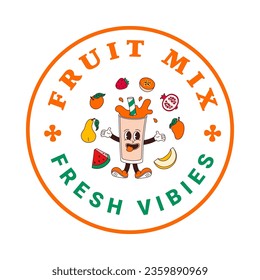 Sticker of character mix fruit juice or smoothie in cartoon style. Isolated vector label of groovy fruit drink mascots in retro style on transparent background for logo, emblem and your design