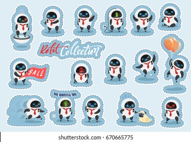 Sticker character modern robot in cartoon doodle flat style. 