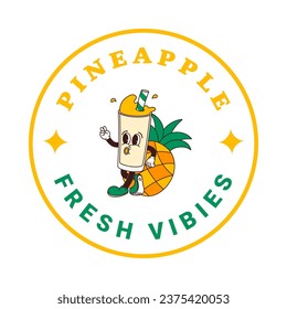 Sticker of character pineapple juice or smoothie in cartoon style. Isolated vector label of groovy fruit drink mascots in retro style on transparent background for logo, emblem and your design