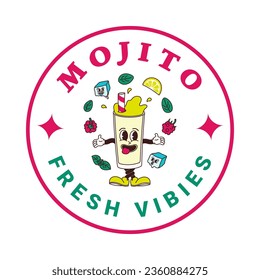 Sticker of character raspberry mojito in cartoon style. Isolated vector label of groovy drink mascots in retro style on transparent background for logo, emblem and your design
