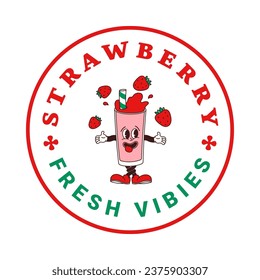 Sticker of character strawberry juice or smoothie in cartoon style. Isolated vector label of groovy fruit drink mascots in retro style on transparent background for logo, emblem and your design