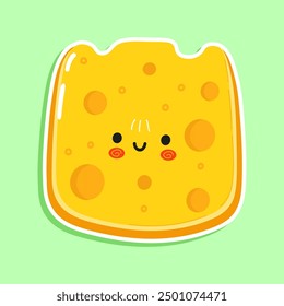 Sticker Cheese character. Vector hand drawn cartoon kawaii character illustration icon. Isolated on green background. Cheese character concept