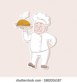 Sticker chef in cook cap keeping tray for hot dish.Vector cartoon illustration.