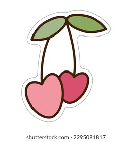 Sticker with cherries in y2k style. Cartoon vector color illustration.