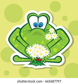 Sticker, for children, a frog with flowers in a cartoon style. Vector illustration, label, template for decoration.