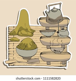 Sticker Chinese tea drinking. Teapot, cups, support, rug, lot of tea. Colorful hand drawn vector stock illustration.