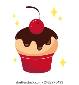 Sticker of chocolate element of colorful set. This mouthwatering chocolate cupcake showcases a fun and whimsical cartoon design, making it a delightful addition to any project. Vector illustration.