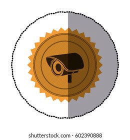 sticker of circular frame with contour sawtooth with exterior video security camera vector illustration