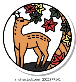 Sticker circular simple hanafuda Kannazuki autumn leaves deer October autumn leaves deer