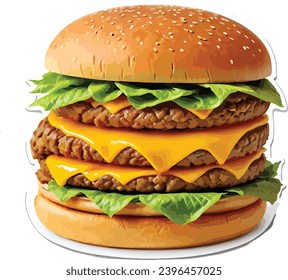 a sticker of a classic cheeseburger with a perfectly grilled patty, melted cheese, lettuce, tomato, and a toasted sesame seed bun