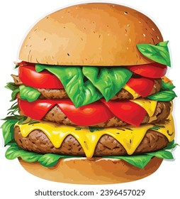 a sticker of a classic cheeseburger with a perfectly grilled patty, melted cheese, lettuce, tomato, and a toasted sesame seed bun