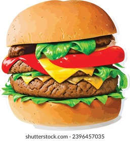 a sticker of a classic cheeseburger with a perfectly grilled patty, melted cheese, lettuce, tomato, and a toasted sesame seed bun