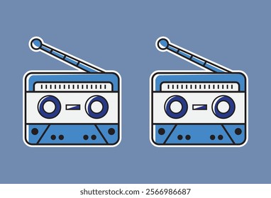 sticker classic radio player, and audio tape in cartoon vector sticker form Vintage audio equipment featuring a radio illustration