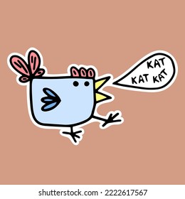 sticker, clipart, deep chicken bird with a pink tail and crest sits with legs up and crows, hand drawing, doodle