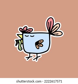 sticker, clipart, a deep chicken bird with a pink tail and a crest stands with its eyes closed and holds a green worm in its beak, hand drawing, doodle