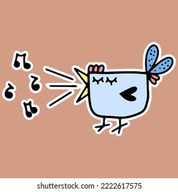 sticker, clipart, deep chicken bird with a blue havost and a pink crest sings a song with its beak open, hand drawing, doodle