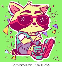 Sticker clipart of a slav squatting raccoon with sunglasses, clothes and hip hop shoes. Slavic cartoon animal character with stripes