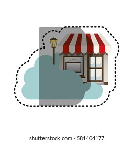 sticker cloud in cumulus shape with store with lamp vector illustration