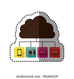 sticker cloud storage in cumulus shape connected to tech device vector illustration