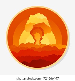 Sticker with clouds, nuclear explosion and power plant. Vector template in flat style isolated on white background. Eps10.