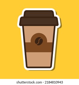 Sticker coffee disposable paper cup with lid. Vector illustration.