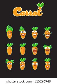 Sticker Collection of carrots emotions.Set of smiles.
Cartoon carrot Character. Emoticon stickers With Different Emotions. Vector Illustration.