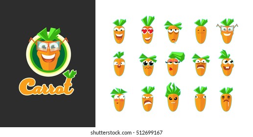 Sticker Collection of carrots emotions.Character. Emoticon Stickers With Different Emotions. Vector Illustration.