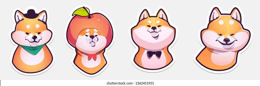 Sticker Collection of Emoji Cartoon Dog Emoticons. Shiba inu. Vector Illustrations