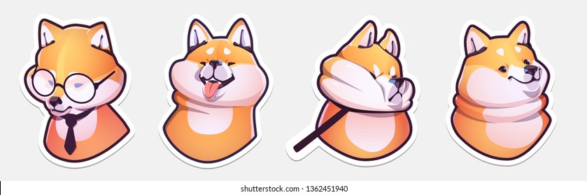 Aufkleber Sammlung von Emoji Cartoon Hunde Emoticons. Shiba inu. Vektorgrafiken