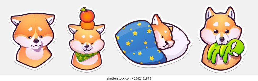 Sticker Collection of Emoji Cartoon Dog Emoticons. Shiba inu. Vector Illustrations