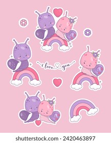Sticker collection enamored romance couple snail. Cute kawaii valentines character insect girl and boy on rainbow with heart and lettering I love you. Isolated vector illustration 
