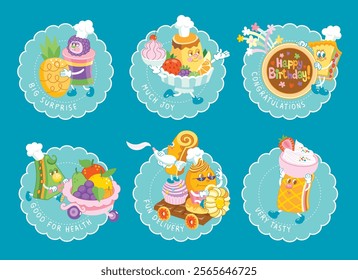 Sticker collection. Funny cartoon colorful characters for Birthday. Isolated on background. Vector illustration.