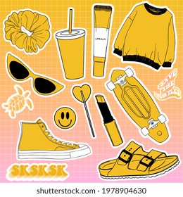 Sticker collection. Millennials and zoomers lifestyle. Hair scrunchies. Skateboard, sweatshirt, sunglasses, lipstick, lip balm, turtle, lollipop, coffee to go. Vector EPS10. 