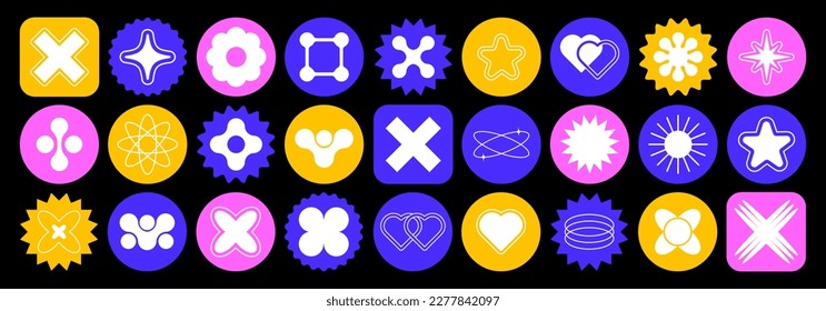 Sticker collection retro shapes for your design in trendy Y2K style. Shapes flower, stars, heart and other trendy elements in 90s-2000s. Vector illustration.