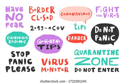 Sticker collection set for social media content. Vector hand drawn illustration with cartoon lettering. Border closed, do not panic, quarantine zone, stop, tips, danger, pandemic, 2020, 2019-ncov
