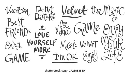 Sticker collection set for social media content. Vector hand drawn illustration with cartoon lettering. Vacation, i'm Ok, enjoy your life, love yourself more, game, best friend, velvet, our magic