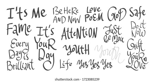 Sticker collection set for social media content. Vector hand drawn illustration with cartoon lettering. It's me, be here and now, god, love poem, safe, yes, gift your love, life, day is brilliant